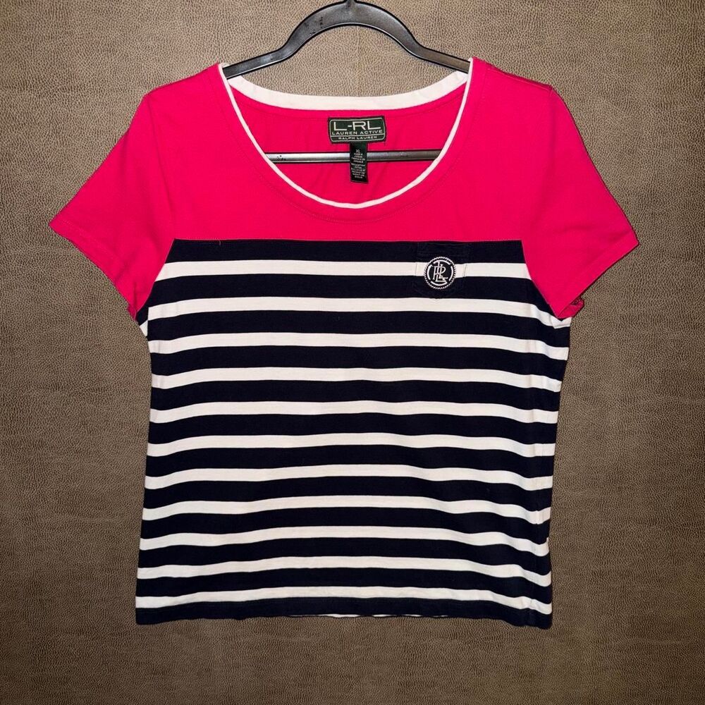 Ralph Lauren ‘Lauren’ white & navy striped tee with pink top panel